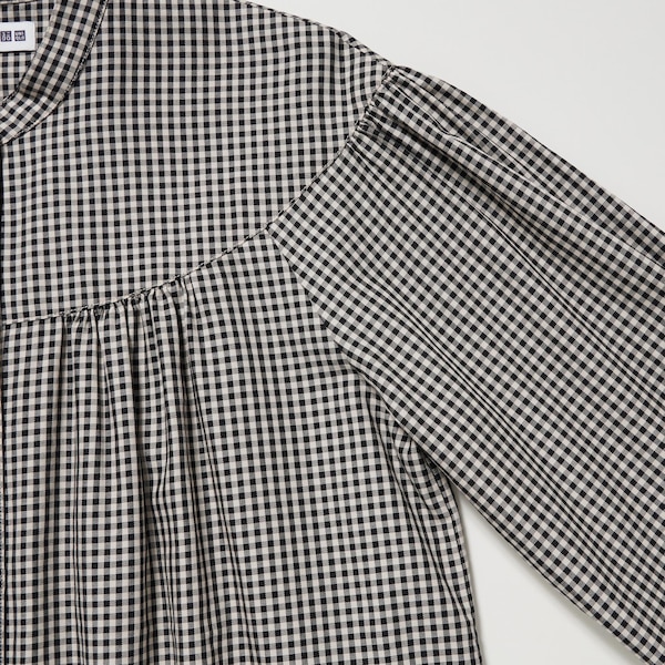 Black Women Uniqlo Volume Checked Long-Sleeve Shirts | 7439-EHQJO