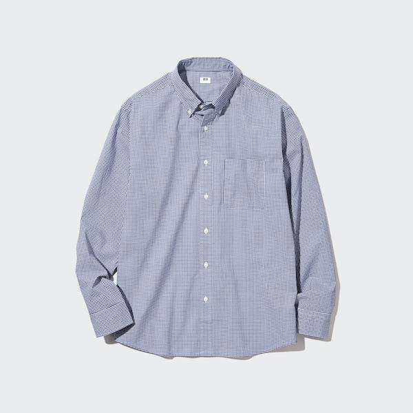 Blue Men Uniqlo Extra Fine Cotton Broadcloth Checkered Long-Sleeve Shirts | 1976-SXTKW