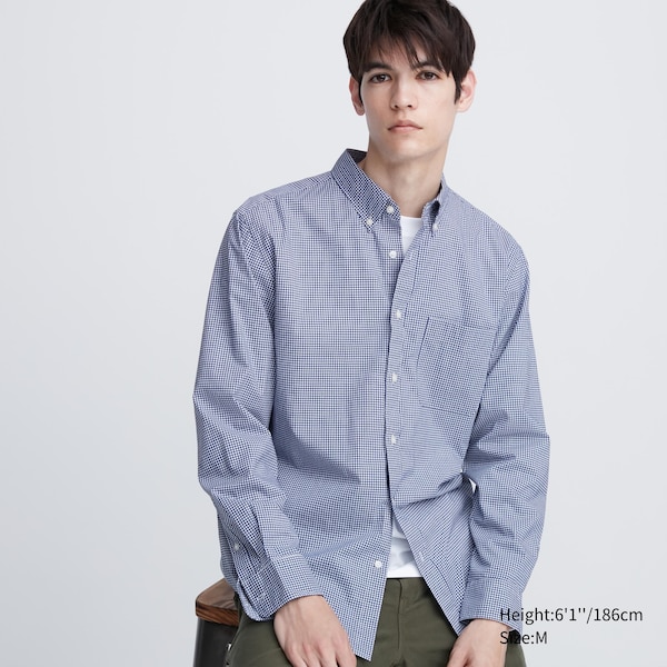 Blue Men Uniqlo Extra Fine Cotton Broadcloth Checkered Long-Sleeve Shirts | 1976-SXTKW