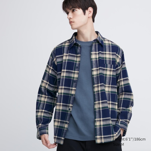 Blue Men Uniqlo Flannel Checked Long-Sleeve Shirts | 3865-GMRQP