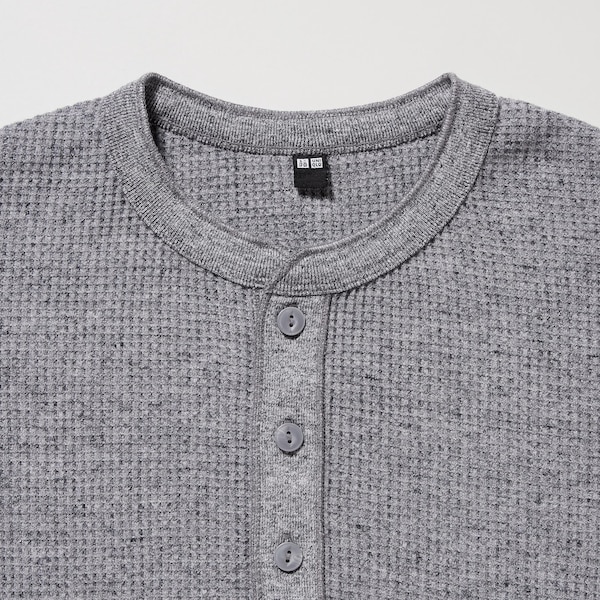 Blue Men Uniqlo Waffle Henley Neck Long-Sleeve T Shirts | 6310-BMKAU