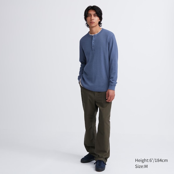 Blue Men Uniqlo Waffle Henley Neck Long-Sleeve T Shirts | 7248-LOHRT