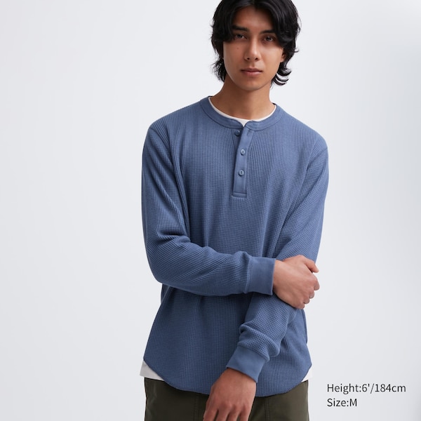 Blue Men Uniqlo Waffle Henley Neck Long-Sleeve T Shirts | 7248-LOHRT