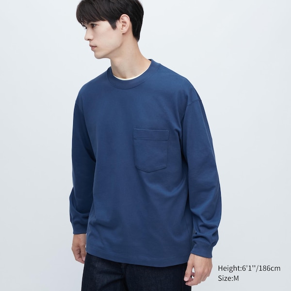 Blue Men Uniqlo Washed Cotton Crew Neck Long-Sleeve Sweatshirts | 9187-HJAGT