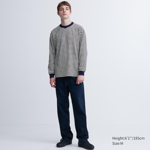 Blue Men Uniqlo Washed Cotton Oversized Crew Neck Long-Sleeve T Shirts | 9157-TIHYX