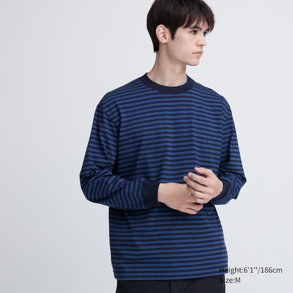 Blue Men Uniqlo Washed Cotton Oversized Crew Neck Long-Sleeve T Shirts | 7321-VECDY