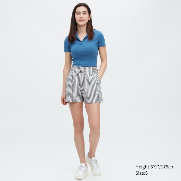 Blue Women Uniqlo Cotton Linen Striped Shorts | 0514-FUMEY