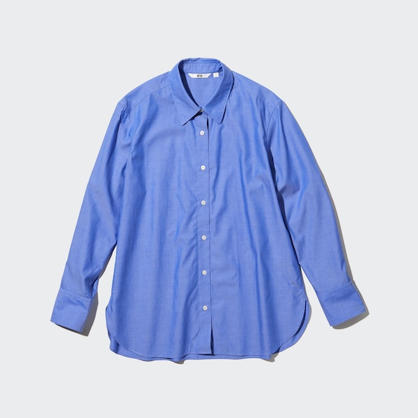 Blue Women Uniqlo Cotton Long-Sleeve Shirts | 2179-TZNBI