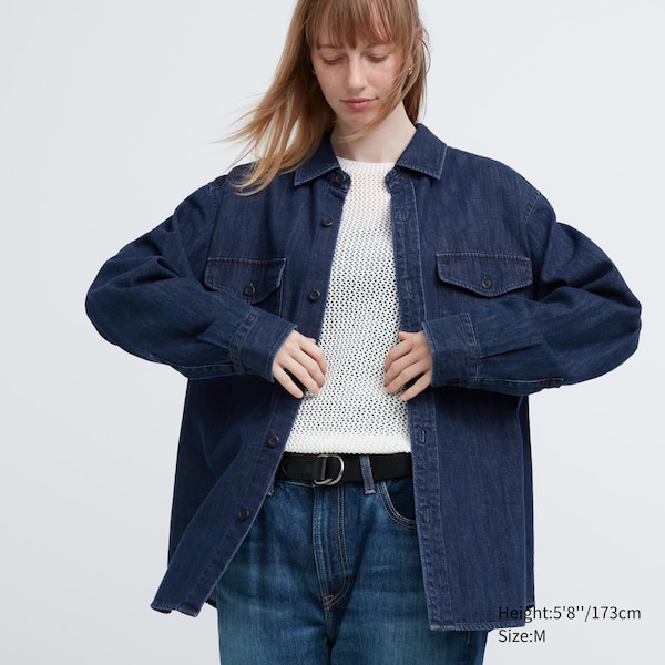 Blue Women Uniqlo Denim Utility Long-Sleeve Overshirt Shirts | 1054-EDCJB