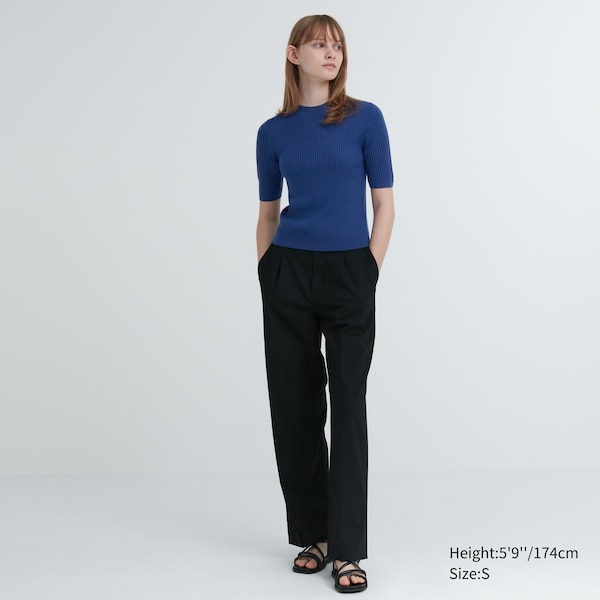 Blue Women Uniqlo Extra Fine Merino Ribbed Mock Neck Half-Sleeve Sweaters | 6824-APWZM