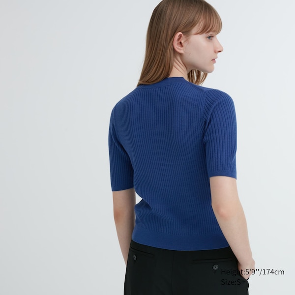 Blue Women Uniqlo Extra Fine Merino Ribbed Mock Neck Half-Sleeve Sweaters | 6824-APWZM