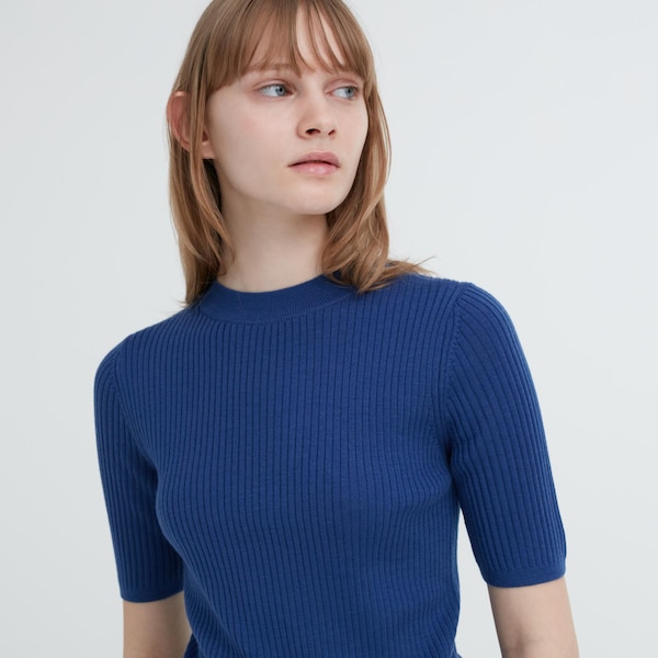 Blue Women Uniqlo Extra Fine Merino Ribbed Mock Neck Half-Sleeve Sweaters | 6824-APWZM