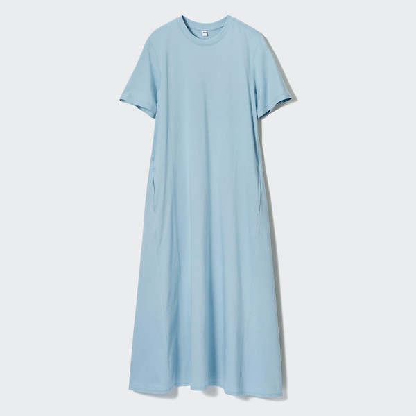 Blue Women Uniqlo Mercerized Cotton Short-Sleeve A-Line Dress | 5176-FDLIJ