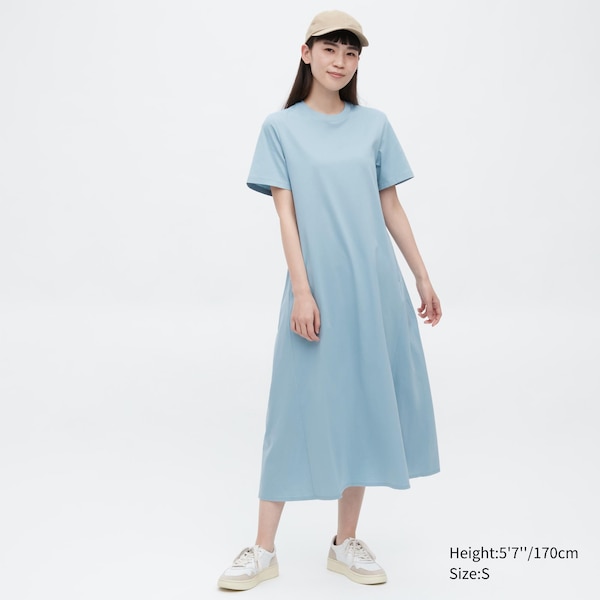 Blue Women Uniqlo Mercerized Cotton Short-Sleeve A-Line Dress | 5176-FDLIJ