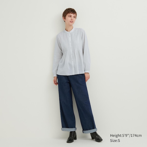 Blue Women Uniqlo Pintuck Striped Long-Sleeve Shirts | 7123-DRLMZ