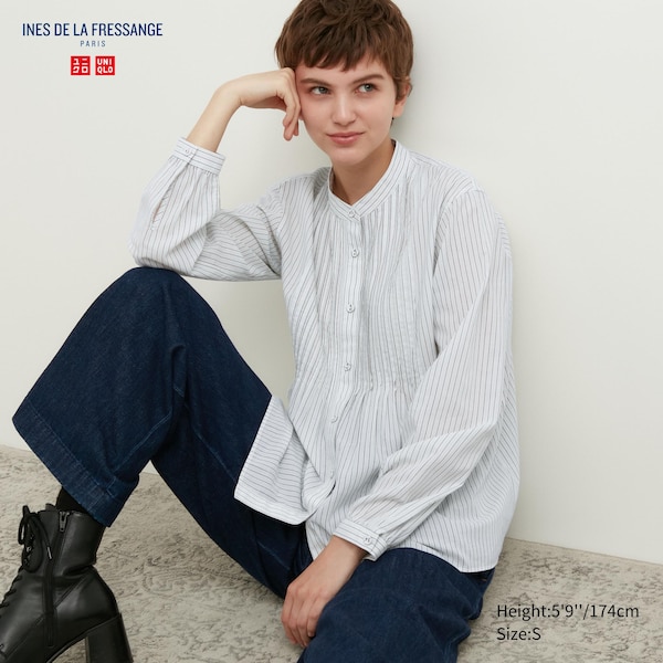 Blue Women Uniqlo Pintuck Striped Long-Sleeve Shirts | 7123-DRLMZ