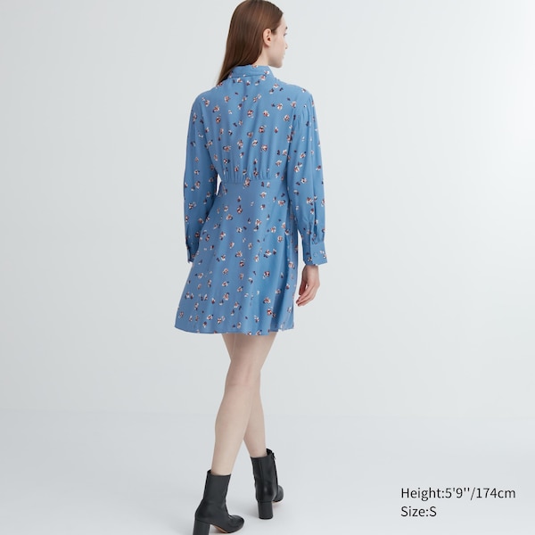 Blue Women Uniqlo Printed V-Neck Long-Sleeve Mini Dress | 6709-ELVDH