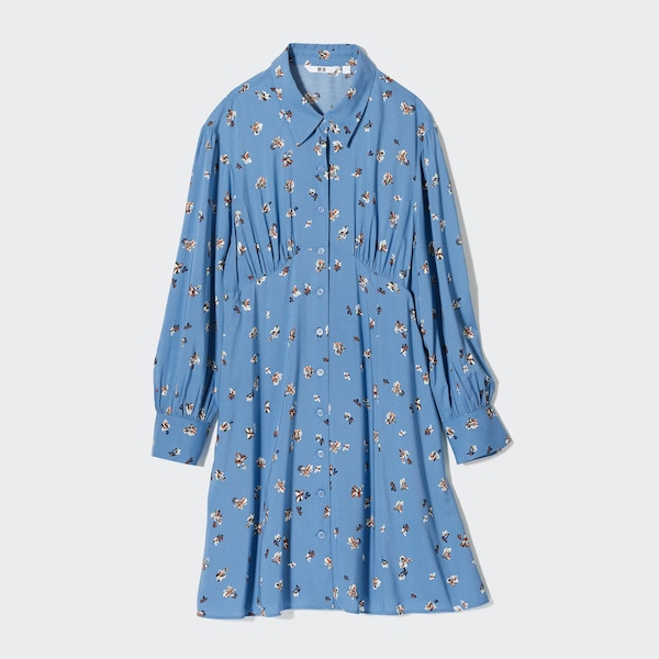 Blue Women Uniqlo Printed V-Neck Long-Sleeve Mini Dress | 6709-ELVDH