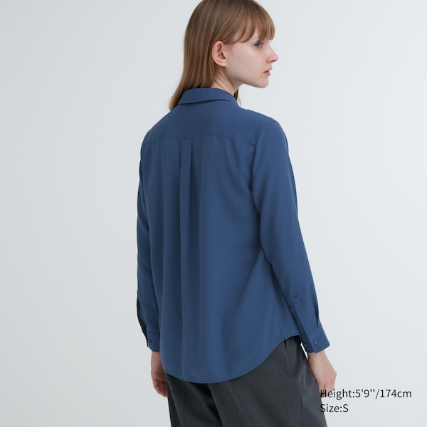 Blue Women Uniqlo Rayon Long-Sleeve Shirts | 8704-SICOH