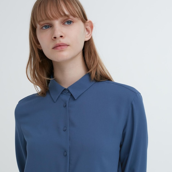 Blue Women Uniqlo Rayon Long-Sleeve Shirts | 8704-SICOH