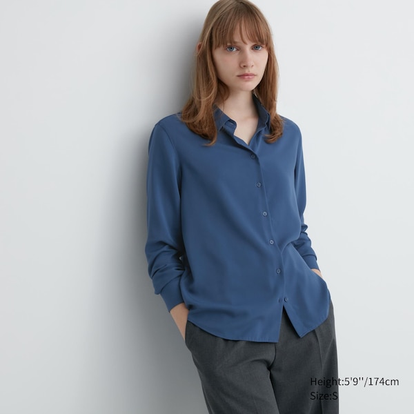 Blue Women Uniqlo Rayon Long-Sleeve Shirts | 8704-SICOH