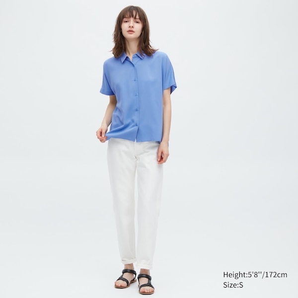 Blue Women Uniqlo Rayon Short-Sleeve Shirts | 0179-XAQCV