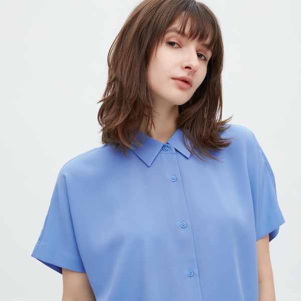 Blue Women Uniqlo Rayon Short-Sleeve Shirts | 0179-XAQCV