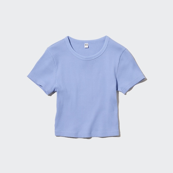 Blue Women Uniqlo Ribbed Crew Neck Short-Sleeve Cropped T Shirts | 2465-STKMU