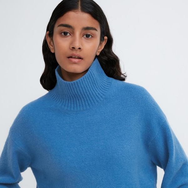 Blue Women Uniqlo Souffle Yarn High Neck Long-Sleeve Sweaters | 0784-JTSRM