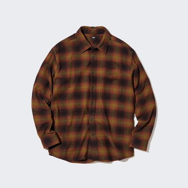 Brown Men Uniqlo Flannel Checked Long-Sleeve Shirts | 3496-BVISY