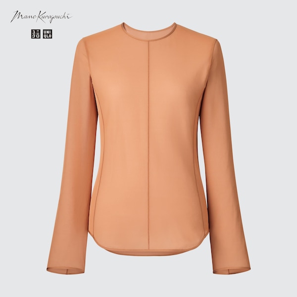 Brown Women Uniqlo Sheer Crew Neck Long-Sleeve T Shirts | 1375-GZDBO