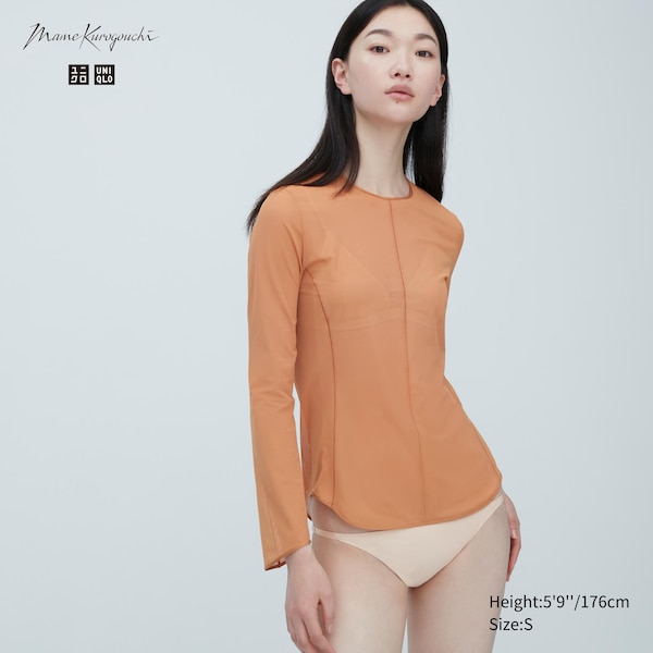 Brown Women Uniqlo Sheer Crew Neck Long-Sleeve T Shirts | 1375-GZDBO