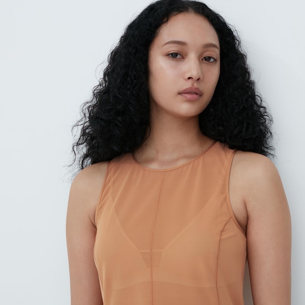 Brown Women Uniqlo Sheer Sleeveless Tops | 5980-LYPKA