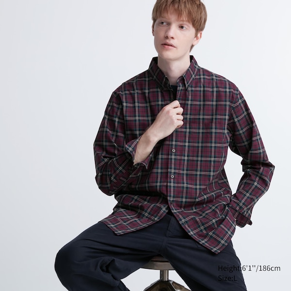 Burgundy Men Uniqlo Extra Fine Cotton Broadcloth Checked Long-Sleeve Shirts | 9014-UAIET