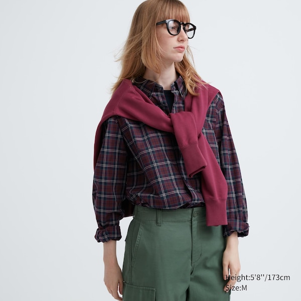 Burgundy Women Uniqlo Extra Fine Cotton Broadcloth Checked Long-Sleeve Shirts | 0678-UGTAM