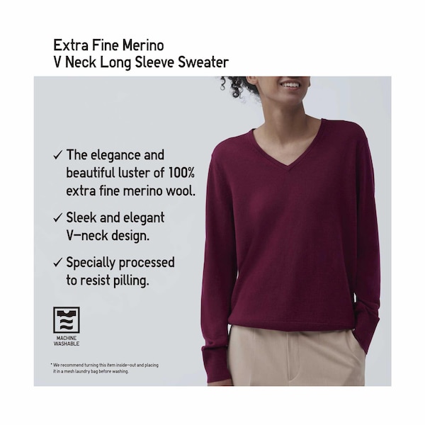 Burgundy Women Uniqlo Extra Fine Merino V-Neck Long-Sleeve Sweaters | 0521-VZYAK