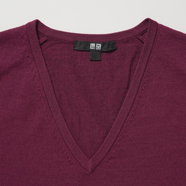 Burgundy Women Uniqlo Extra Fine Merino V-Neck Long-Sleeve Sweaters | 0521-VZYAK