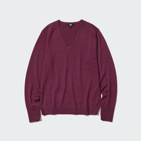 Burgundy Women Uniqlo Extra Fine Merino V-Neck Long-Sleeve Sweaters | 0521-VZYAK