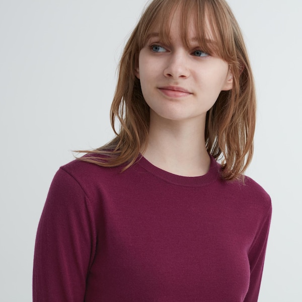 Burgundy Women Uniqlo Extra Fine Merino Crew Neck Long-Sleeve Sweaters | 1395-SKLRM