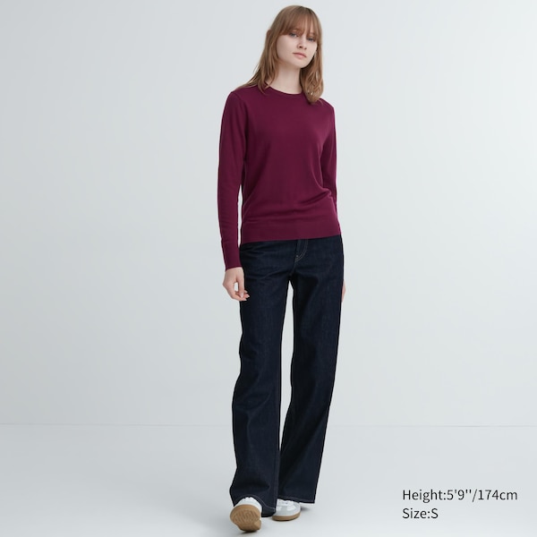 Burgundy Women Uniqlo Extra Fine Merino Crew Neck Long-Sleeve Sweaters | 1395-SKLRM