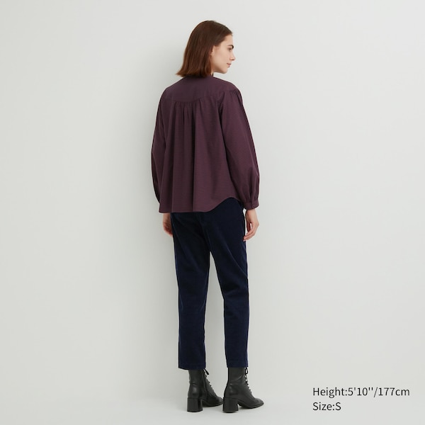 Burgundy Women Uniqlo Volume Checked Long-Sleeve Shirts | 7501-XABON