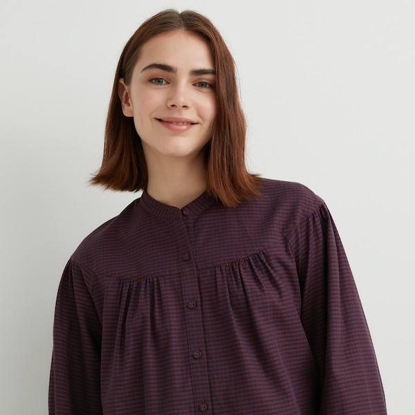 Burgundy Women Uniqlo Volume Checked Long-Sleeve Shirts | 7501-XABON