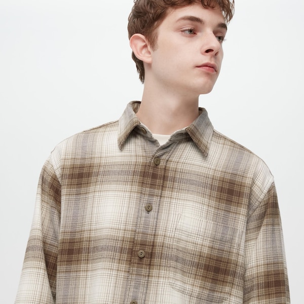 Copper Men Uniqlo Flannel Checked Long-Sleeve Shirts | 5639-WHFYX