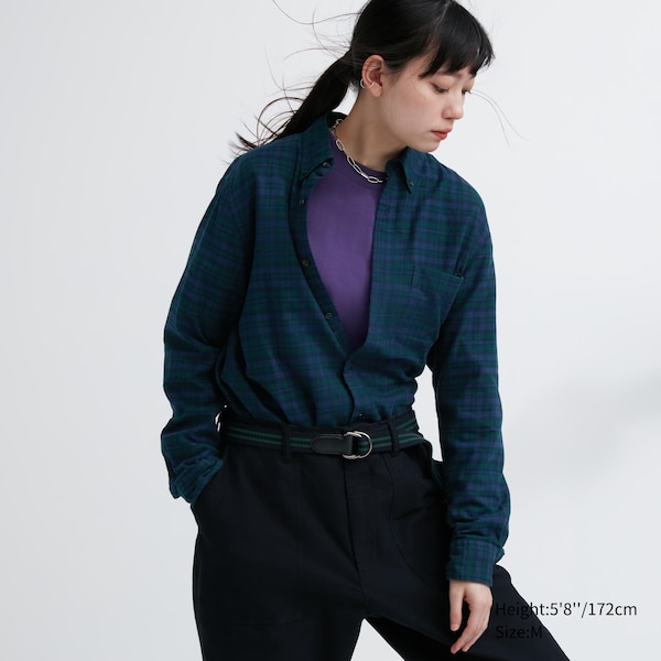 Dark Green Women Uniqlo Flannel Checked Long-Sleeve Shirts | 8604-PFTGU