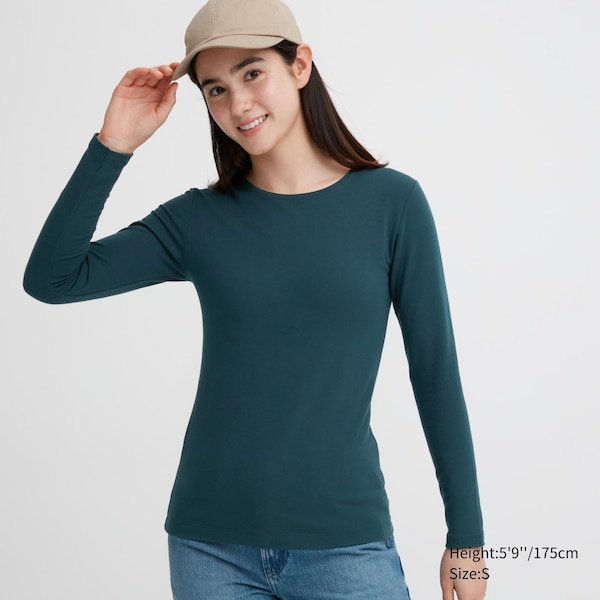 Dark Green Women Uniqlo HEATTECH Cotton Crew Neck Long-Sleeve T Shirts | 7125-JYEAV