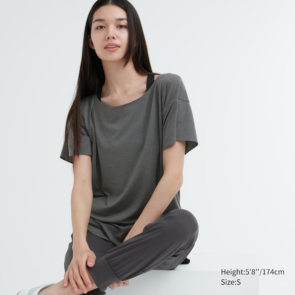 Dark Grey Women Uniqlo AIRism Seamless Boat Neck Short-Sleeve Long T Shirts | 3214-DOQAW