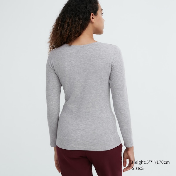 Dark Grey Women Uniqlo HEATTECH Cotton Crew Neck Long-Sleeve T Shirts | 3724-ZMQNS