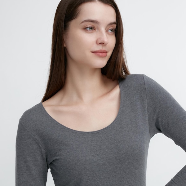 Dark Grey Women Uniqlo HEATTECH Cotton Scoop Neck Long-Sleeve T Shirts | 0792-XGZRN