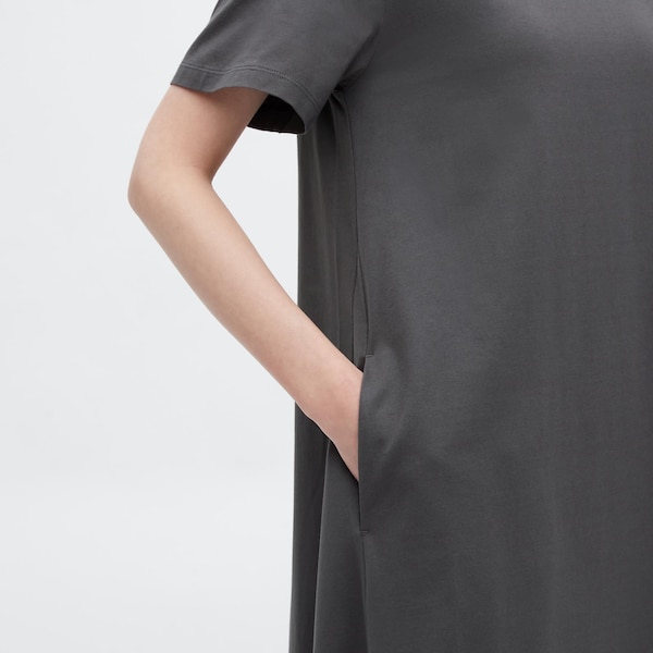 Dark Grey Women Uniqlo Mercerized Cotton Short-Sleeve A-Line Dress | 8420-AJNTS