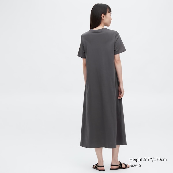 Dark Grey Women Uniqlo Mercerized Cotton Short-Sleeve A-Line Dress | 8420-AJNTS